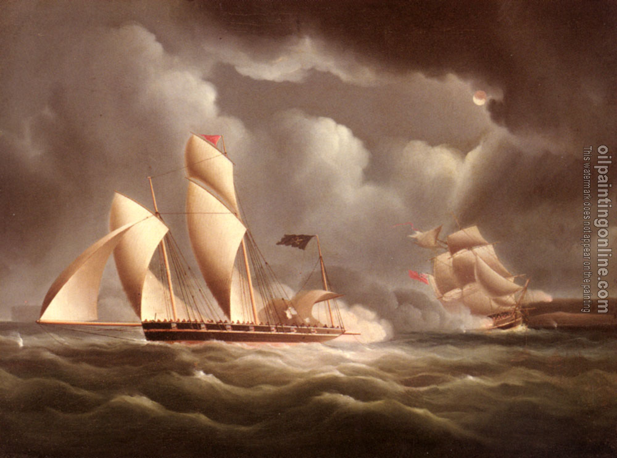 James E Buttersworth - A British Frigate Attacking A Pirate Lugger At Night